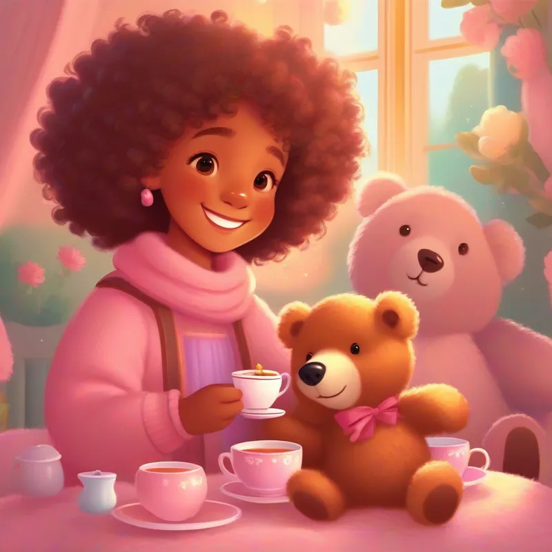 Beemuka, a joyful girl, with curly hair and a contagious smile. and Teddy, a soft and cuddly bear, brown with a kind expression. having a tea party, pink and cozy.