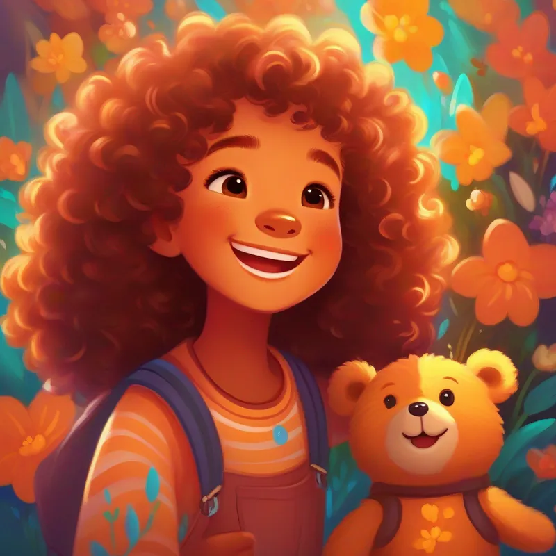 Beemuka, a joyful girl, with curly hair and a contagious smile. introducing Teddy, a soft and cuddly bear, brown with a kind expression. to Lily, vibrant colors.