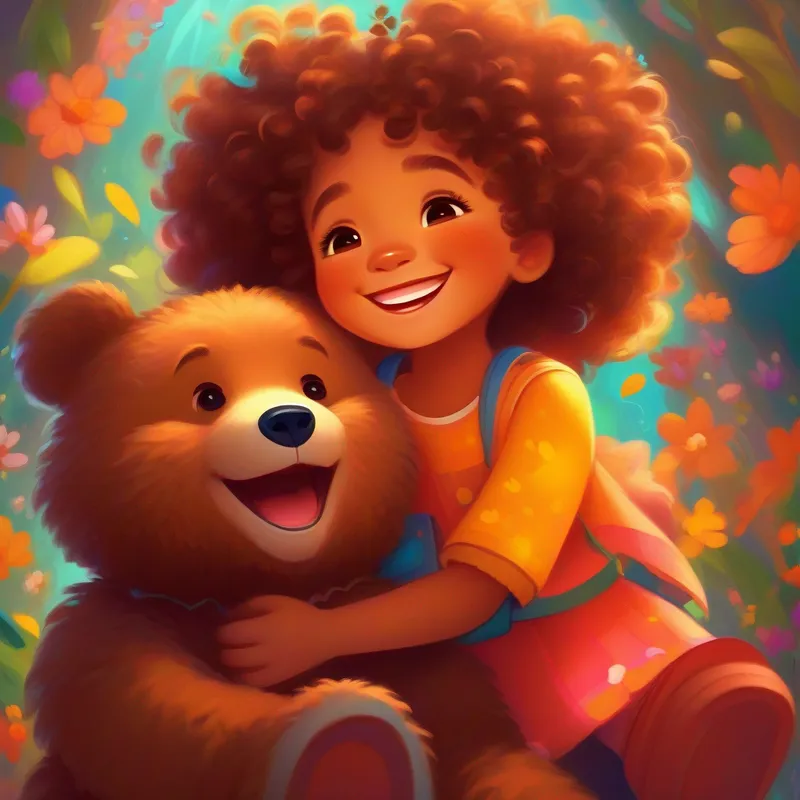 Beemuka, a joyful girl, with curly hair and a contagious smile. and Teddy, a soft and cuddly bear, brown with a kind expression. laughing together, colorful and bright.
