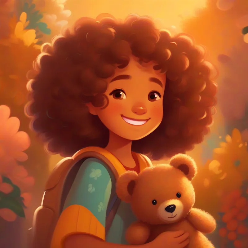 Beemuka, a joyful girl, with curly hair and a contagious smile. hugging Teddy, a soft and cuddly bear, brown with a kind expression., peaceful and relaxing colors.