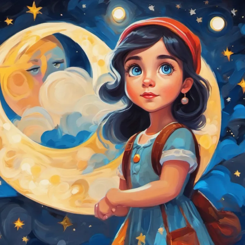 Curious girl with bright blue eyes, adventurous spirit is curious about the moon changing shapes.