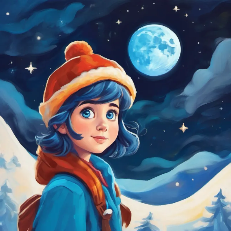 Curious girl with bright blue eyes, adventurous spirit embarks on an adventure to understand the moon.