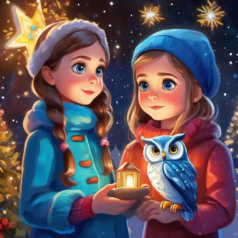 Owl gives Curious girl with bright blue eyes, adventurous spirit a hint to follow the stars.