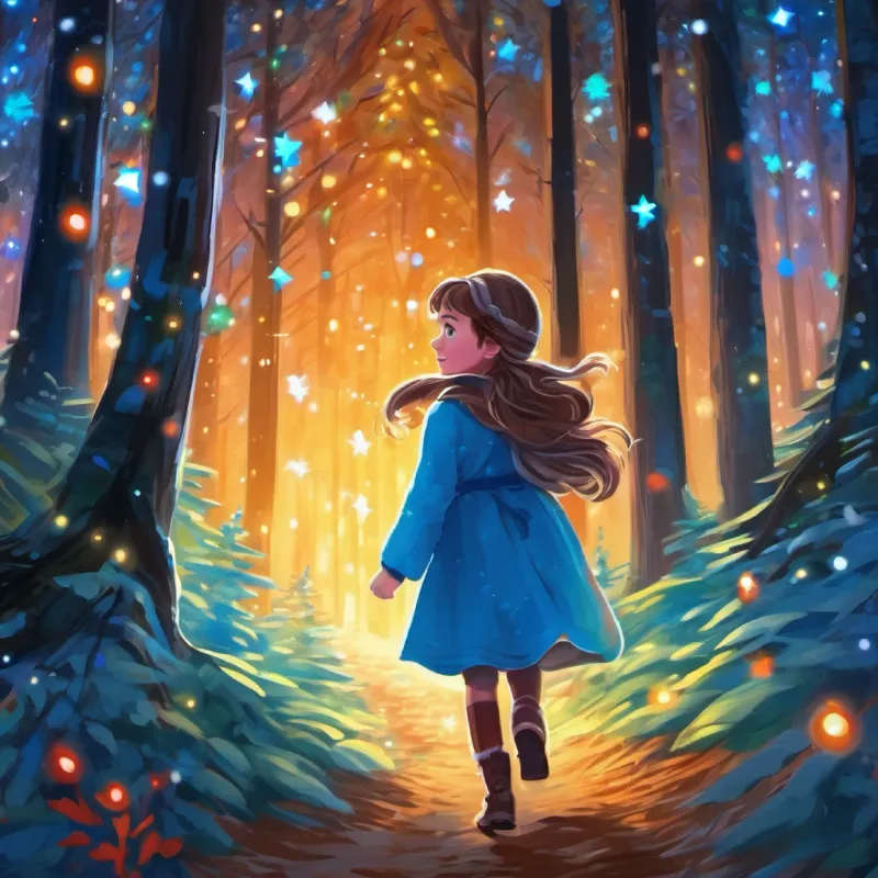 Trail of stars guiding Curious girl with bright blue eyes, adventurous spirit deeper into the forest.