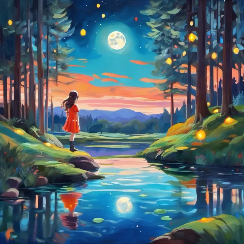 Curious girl with bright blue eyes, adventurous spirit finds a pond that reflects the moon's changing shapes.