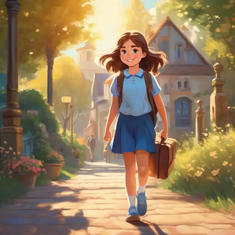 Young girl with brown hair, blue eyes, caring smile heading to school, sunny day