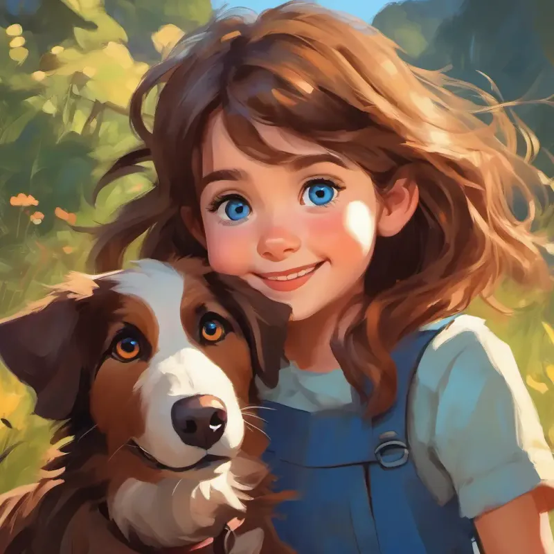 Young girl with brown hair, blue eyes, caring smile sees a stray dog, looks unkempt