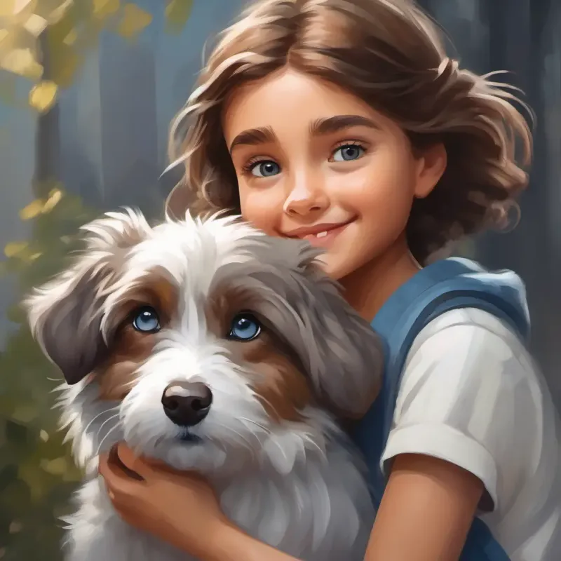 Young girl with brown hair, blue eyes, caring smile seeks help for Small dog, brown eyes, fur in shades of grey and white