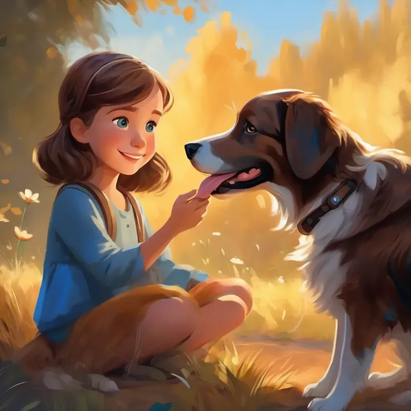 Young girl with brown hair, blue eyes, caring smile talks to the dog, shows kindness