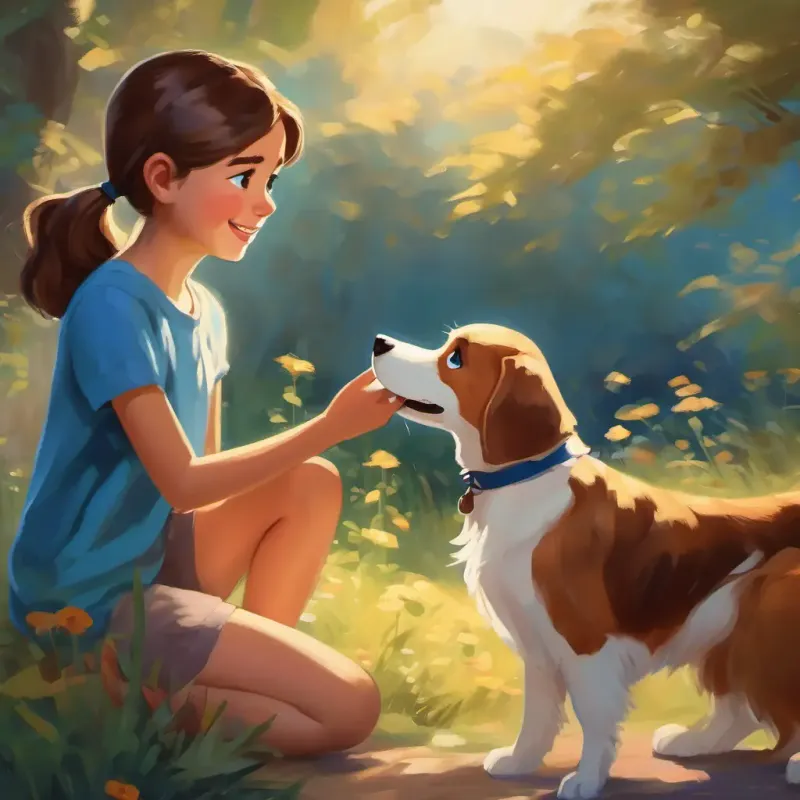 Dog responds to Young girl with brown hair, blue eyes, caring smile, slight trust shown