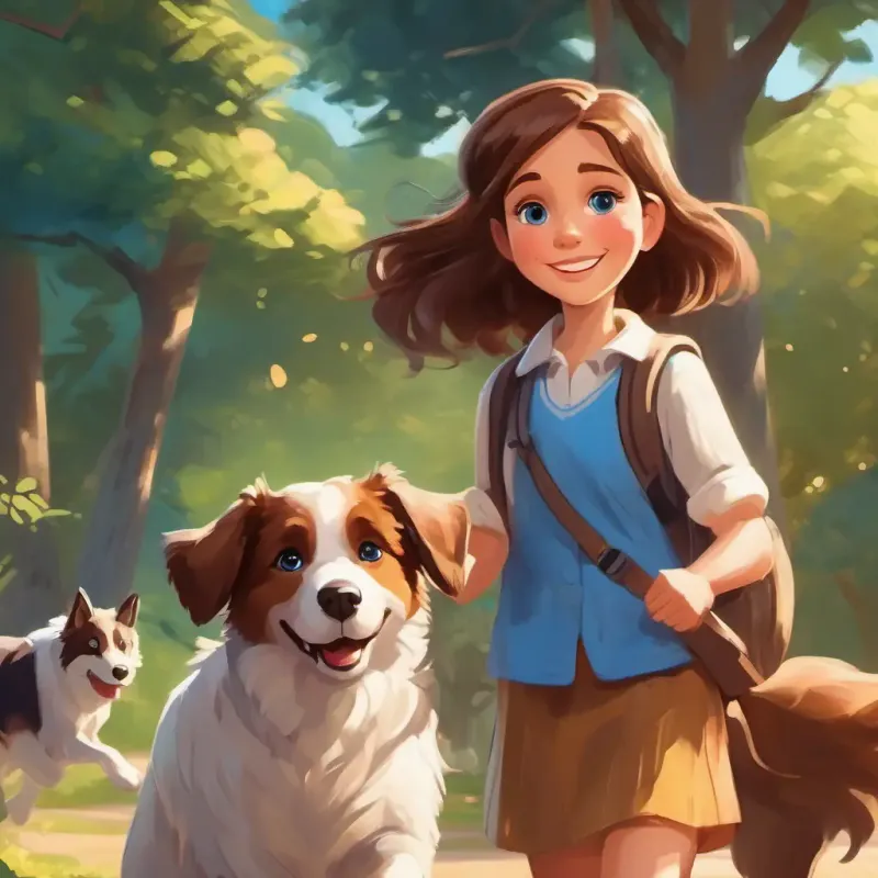 Young girl with brown hair, blue eyes, caring smile chooses the dog over school