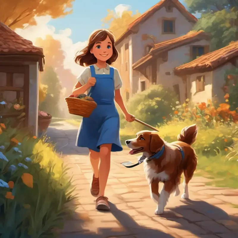 Young girl with brown hair, blue eyes, caring smile fetches food, dog follows her