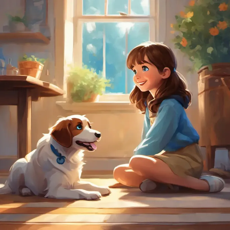 Dog eats, Young girl with brown hair, blue eyes, caring smile happy seeing him better