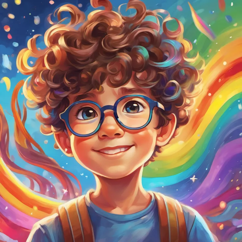 A little boy with curly brown hair, wearing glasses. unicorns and rainbows swirling around him