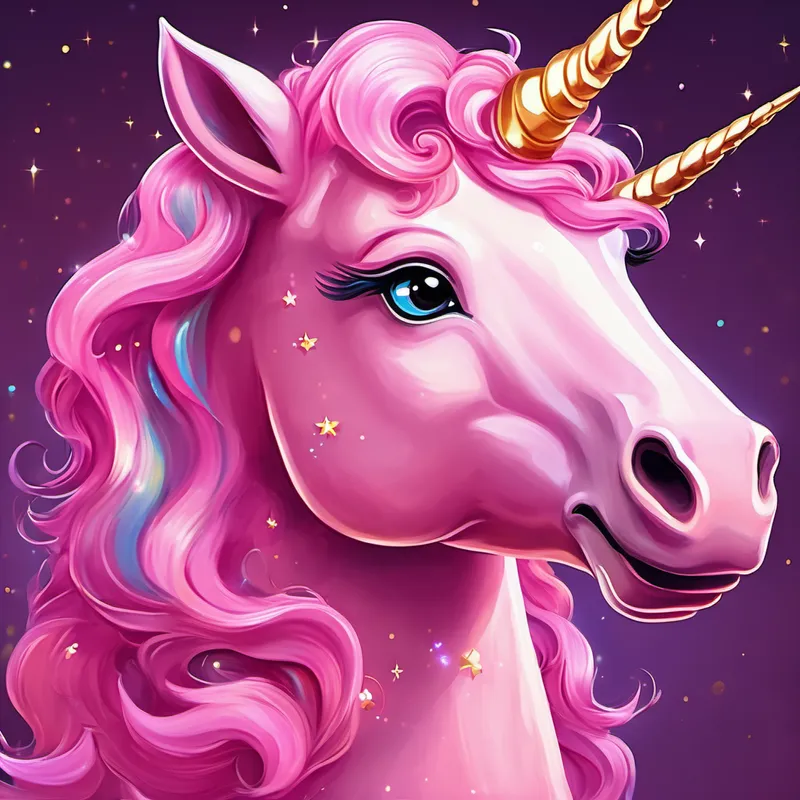 A sparkly pink unicorn with a gentle smile. a pink unicorn with a sparkling horn
