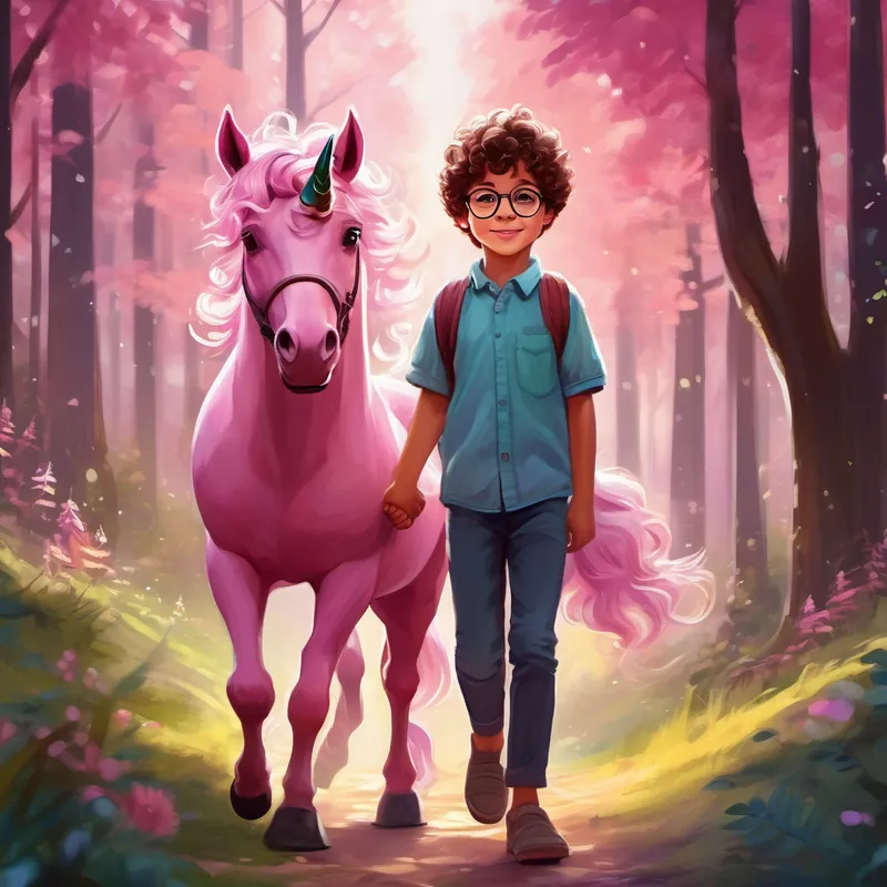 A little boy with curly brown hair, wearing glasses. and A sparkly pink unicorn with a gentle smile. holding hands, walking towards a mysterious forest