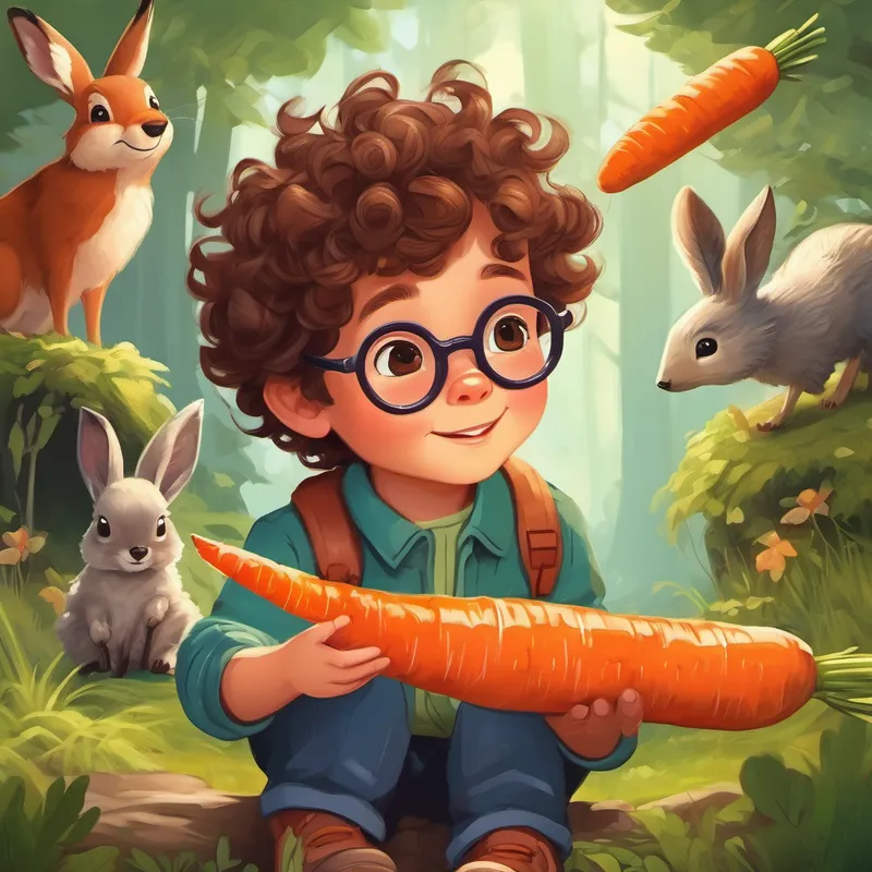 A little boy with curly brown hair, wearing glasses. feeding carrots to cute woodland animals