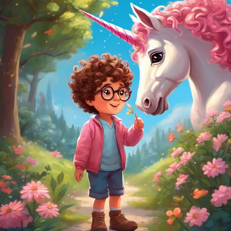 A little boy with curly brown hair, wearing glasses. and A sparkly pink unicorn with a gentle smile. guiding a bird back to its nest