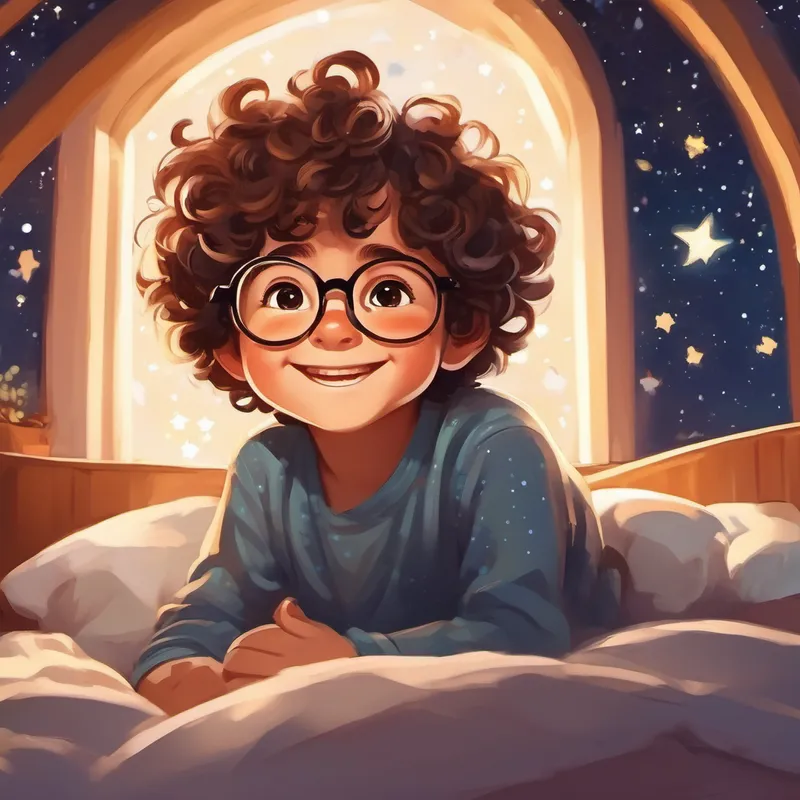 A little boy with curly brown hair, wearing glasses. smiling in his bed, surrounded by stars