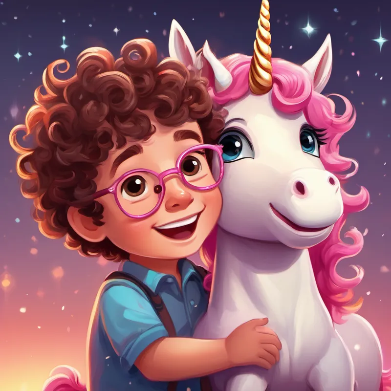 A little boy with curly brown hair, wearing glasses. and A sparkly pink unicorn with a gentle smile. hugging each other tightly