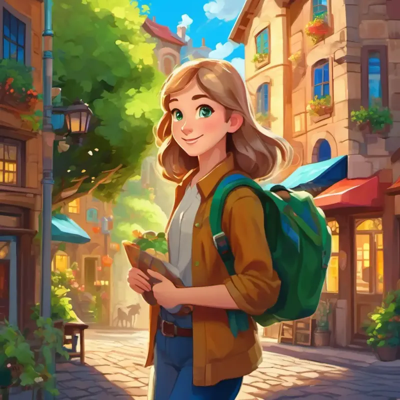 Brown hair, bright green eyes, happy and curious and Blonde hair, blue eyes, kind and cheerful in a cozy town, surrounded by colorful buildings and a big puzzle in the background