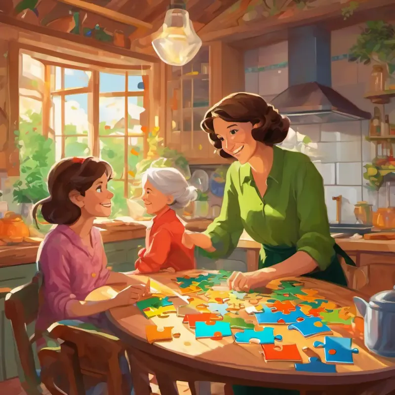 Brown hair, bright green eyes, happy and curious and her grandma chatting at a kitchen table, with colorful puzzle pieces scattered around them