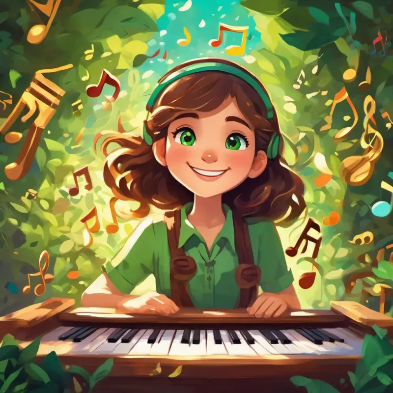 Brown hair, bright green eyes, happy and curious with a big grin on her face, surrounded by floating musical notes and puzzle pieces