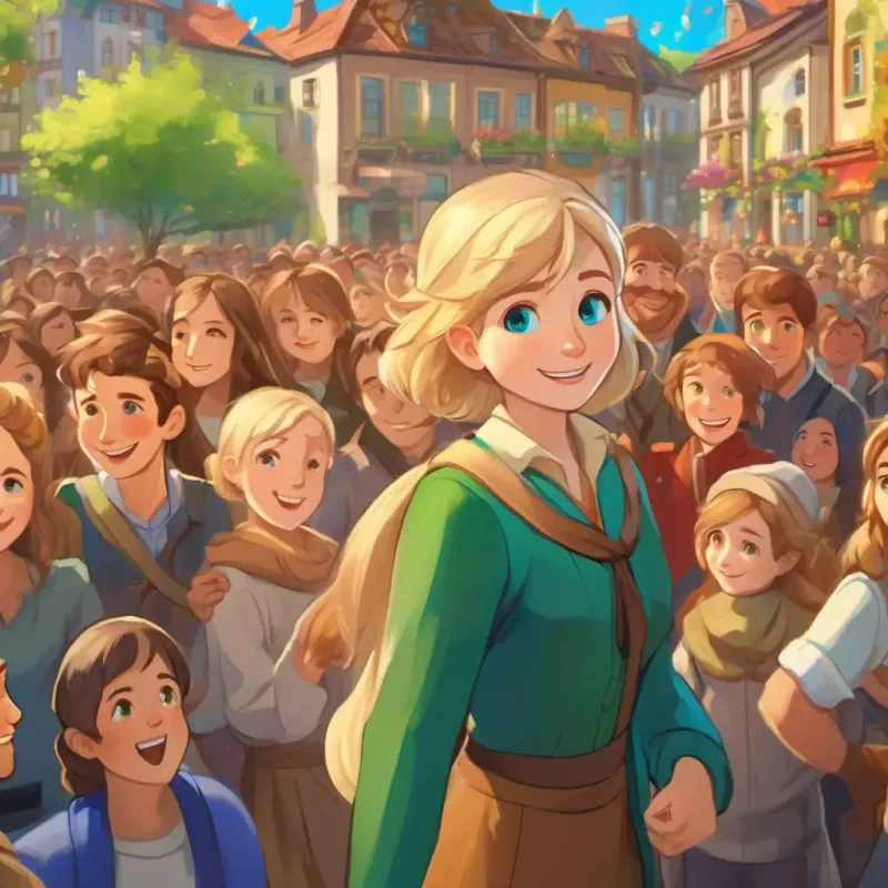 Brown hair, bright green eyes, happy and curious and Blonde hair, blue eyes, kind and cheerful standing next to each other, surrounded by a crowd of townspeople, all looking excited