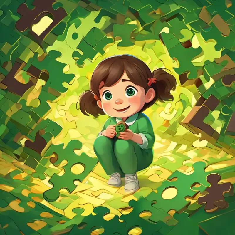 Brown hair, bright green eyes, happy and curious surrounded by puzzle pieces of different shapes, making 'clickety clack' sounds