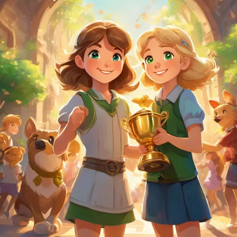 Brown hair, bright green eyes, happy and curious and Blonde hair, blue eyes, kind and cheerful high-fiving each other, with bright smiles and a big trophy in the background
