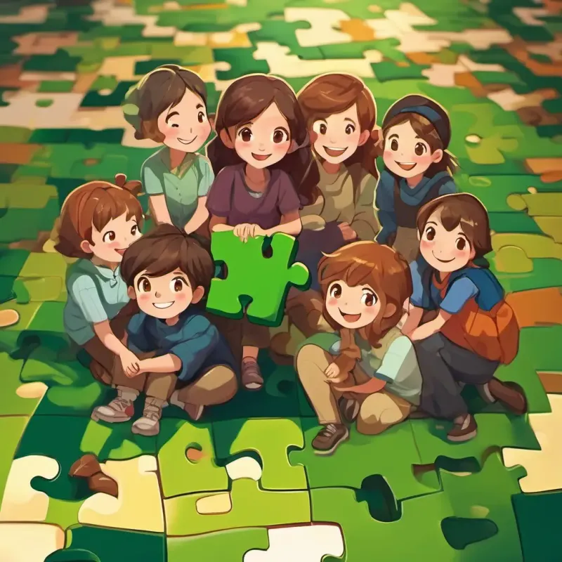 Brown hair, bright green eyes, happy and curious sitting on a big puzzle piece, with a big smile and surrounded by friends playing and laughing