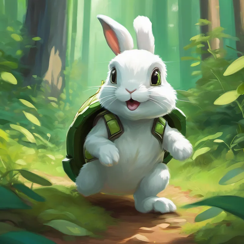 Bunny - small, white, with floppy ears and Turtle - green with a hard shell deciding to race in forest