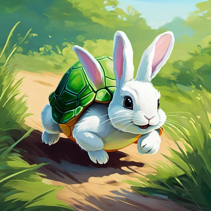 Bunny - small, white, with floppy ears hopping, Turtle - green with a hard shell crawling in the race