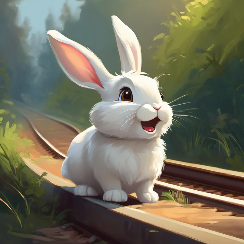 Bunny - small, white, with floppy ears yawning, falling asleep beside the track