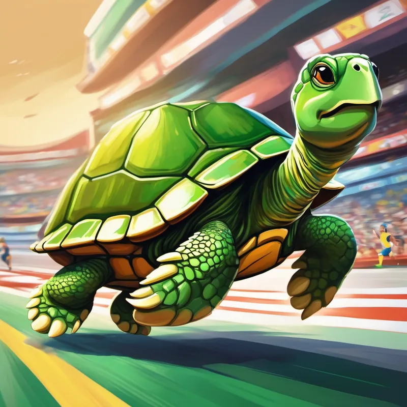 Turtle - green with a hard shell crossing the finish line, winning the race