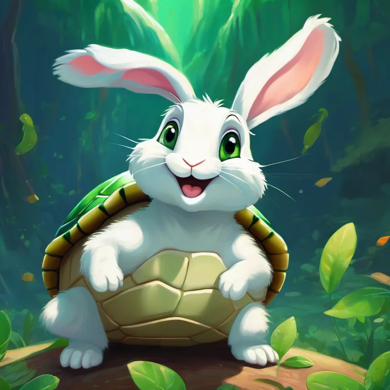 Bunny - small, white, with floppy ears surprised, Turtle - green with a hard shell celebrating victory with friends