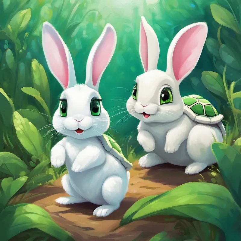 Bunny - small, white, with floppy ears and Turtle - green with a hard shell racing side by side happily
