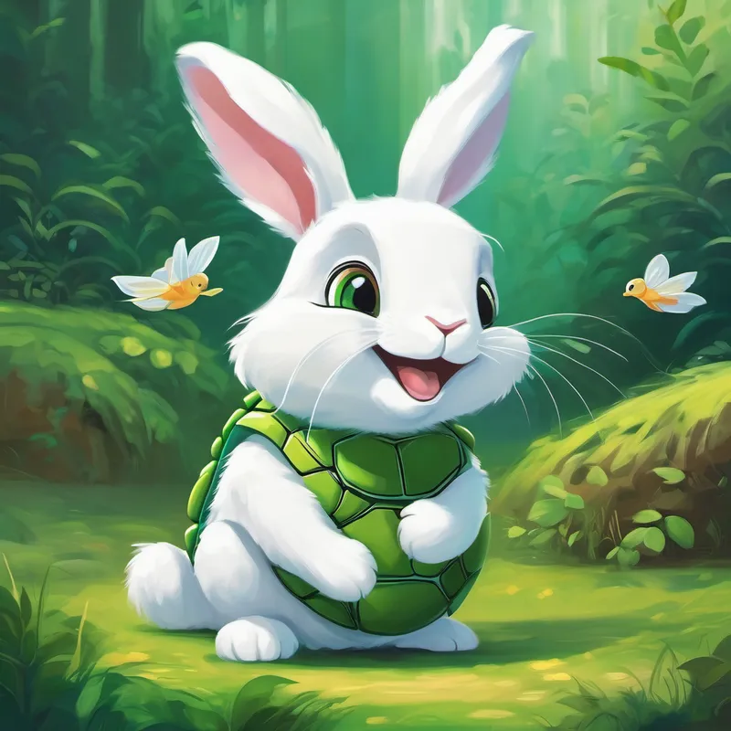 Bunny - small, white, with floppy ears and Turtle - green with a hard shell smiling, enjoying their friendship