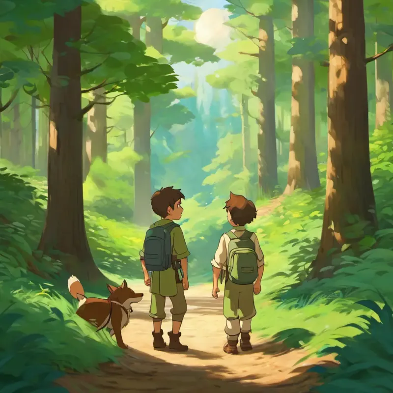 Emil has fair skin and blue eyes and Jon has light brown skin and green eyes are at the entrance of a forest, ready to begin their adventure.