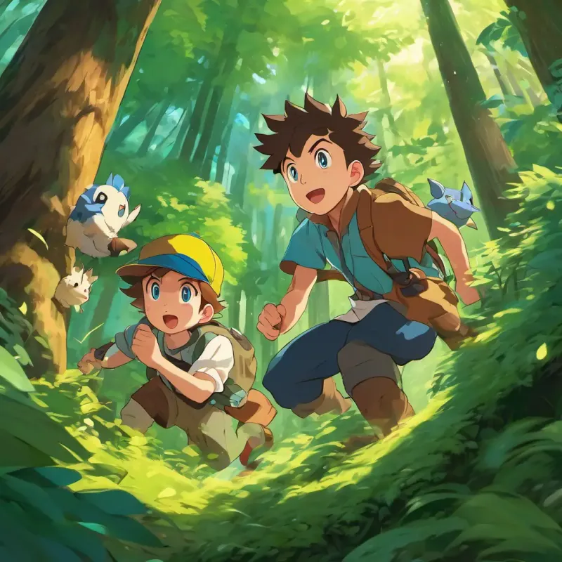 Emil has fair skin and blue eyes and Jon has light brown skin and green eyes are surrounded by Pokemon in the forest, battling and catching them.