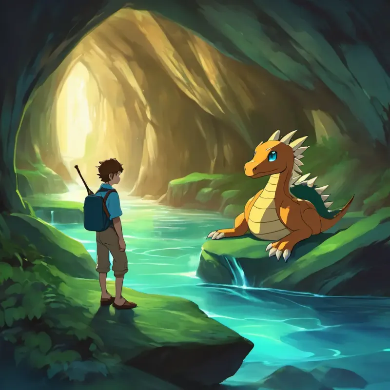 Emil has fair skin and blue eyes and Jon has light brown skin and green eyes are inside a dark and mysterious cave, facing the majestic Dragonite.
