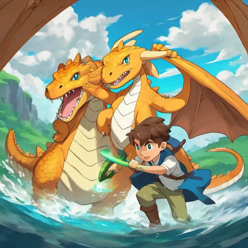 Emil has fair skin and blue eyes and Jon has light brown skin and green eyes are battling Dragonite, showing their determination and bravery.
