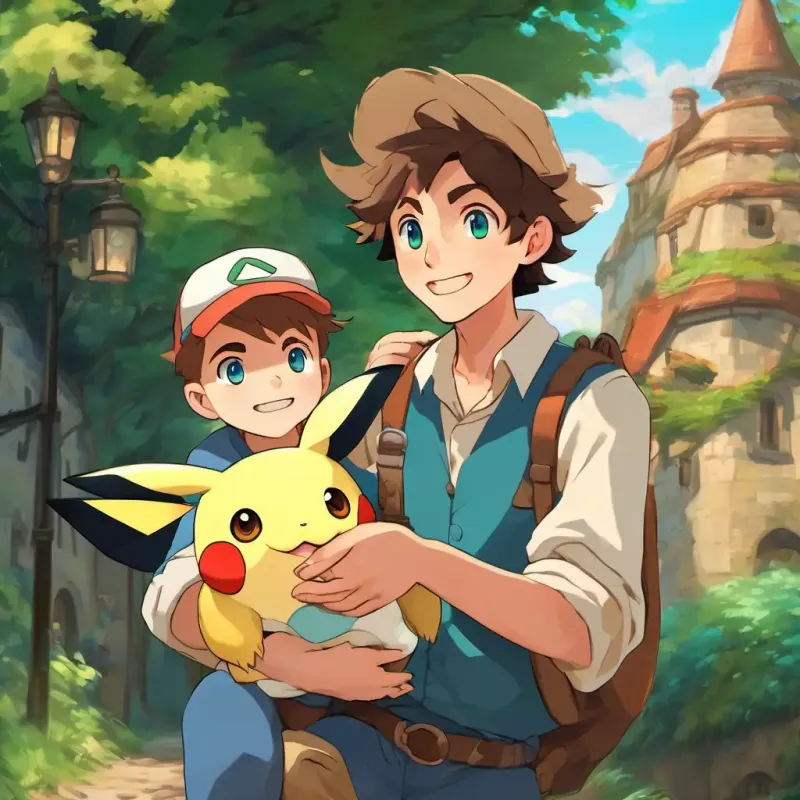 Emil has fair skin and blue eyes and Jon has light brown skin and green eyes are celebrated by the town, holding their captured Pokemon.