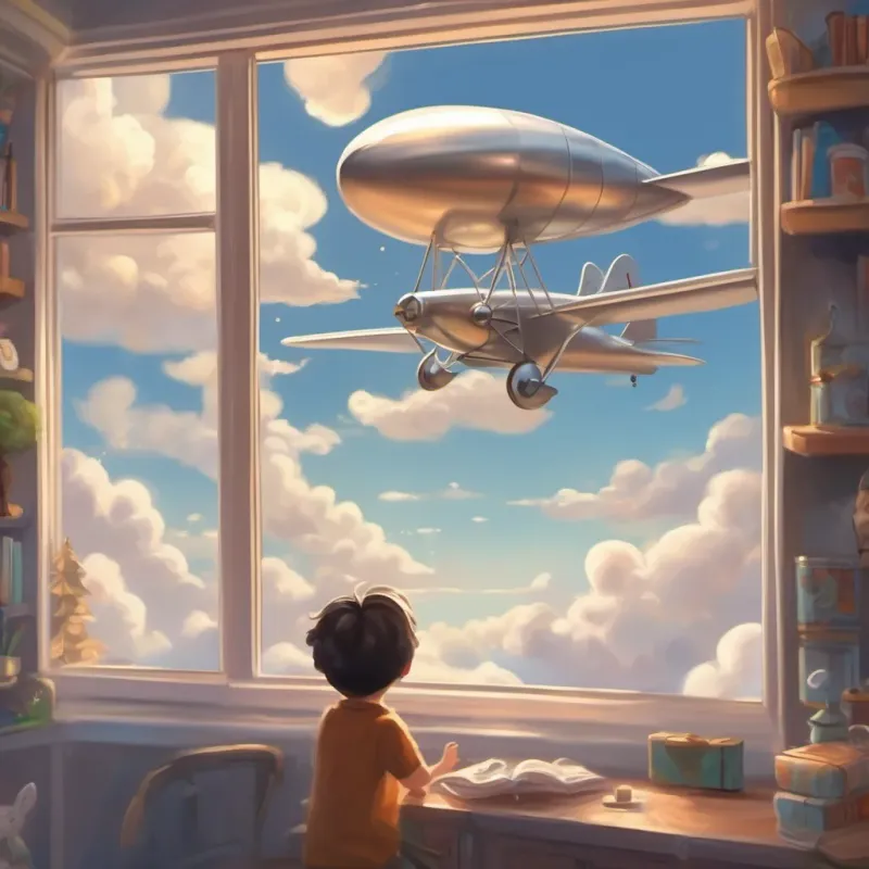 a gleaming silver plane soaring above fluffy, marshmallow-like clouds, children looking out the window in awe