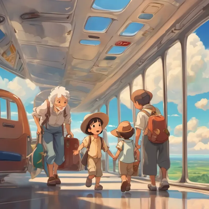 children and grandparents boarding a plane back home, with happy, reflective expressions, clouds in the sky in the background