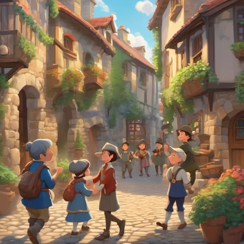 cobblestone streets with children dancing, imagining adventures with knights and dragons, grandma humming and grandpa talking to locals