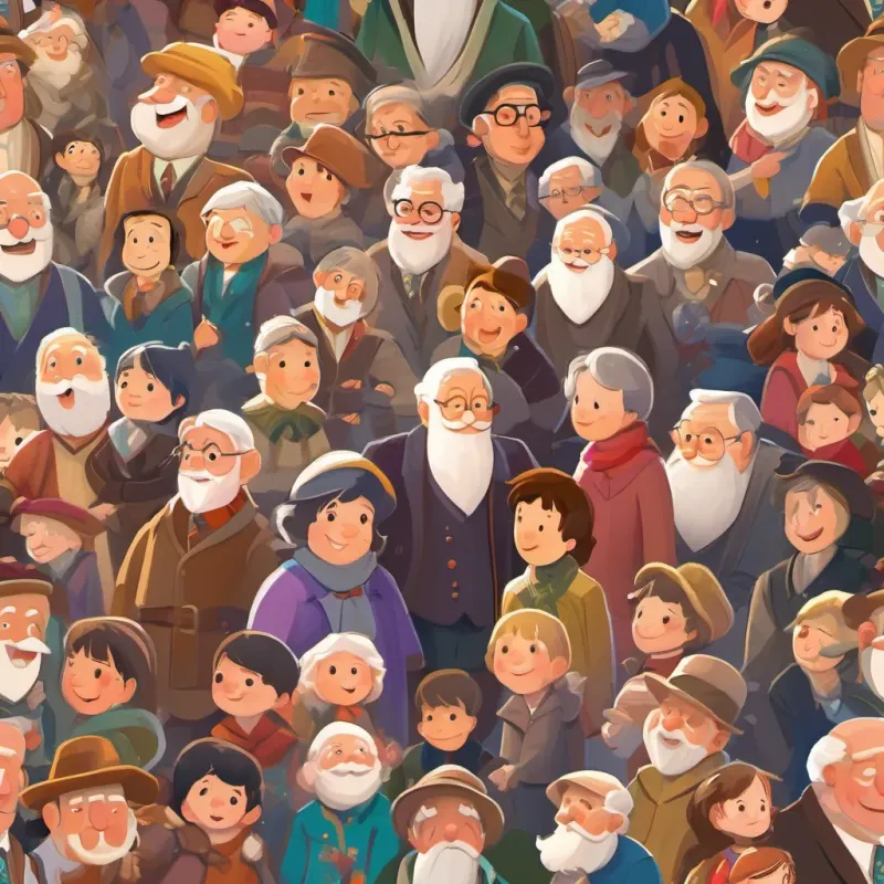 Big Ben chiming loudly, children and grandparents gathered around, listening to an energetic, storytelling grandfather with a twinkle in his eye and a penchant for adventures tell magical tales