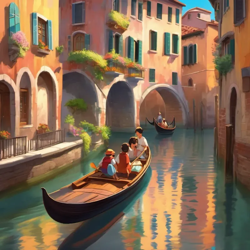gondolas gliding on canals, children marveling at the floating city, grandparents laughing together