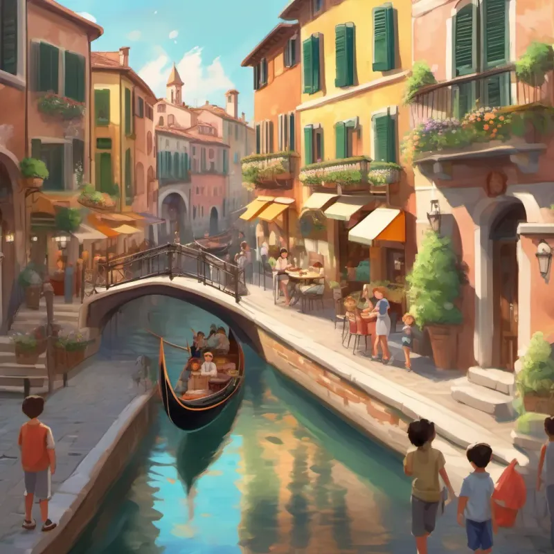 canals with gondolas, children enjoying gelato in a busy piazza, grandparents smiling fondly