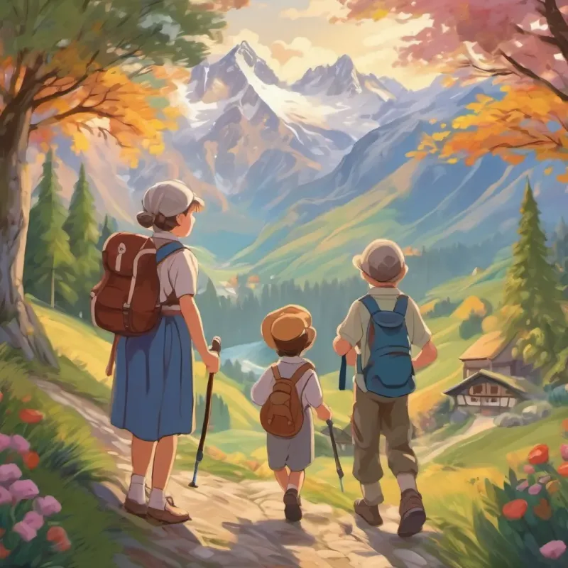 Swiss Alps with snow-capped peaks, children hiking with their grandparents, grandmother singing joyfully